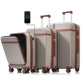 Luggage Set of 3, 20inch with USB Port, front opening design Airline Certified Carry on Luggage, ABS Hard Shell Luggage with Spinner Wheels,Khaki