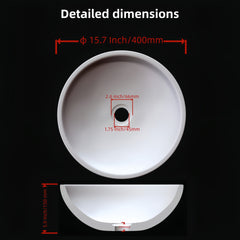 White natural marble bathroom vessel sink, semi-polished surface, natural stone, genuine marble, real marble, ⌀15.7XH5.9 inches/ ⌀400XH150 mm