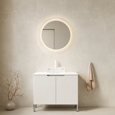 TURIO 30" Bathroom Vanity with Sink, Freestanding Bathroom Storage Cabinet with 2 Doors, Transparent Round Glass Basin and Carrara White Artificial Countertop, No Faucet, White Color