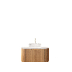 DINA 30" Bathroom Vanity with Sink, Wall-Mounted Floating Curved Edges Striped Storage Cabinet with Drawer, Transparent Round Glass Basin and Countertop, Pre-assembled, Natural Woodgrain Color