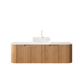 DINA 48" Bathroom Vanity with Sink, Wall-Mounted Floating Curved Edges Striped Storage Cabinet with 2 Drawers, Transparent Round Glass Basin and Countertop, Pre-assembled, Natural Woodgrain Color
