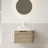 XAI 24" Bathroom Vanity with Sink, Floating Plywood Storage Cabinet with Drawer, Transparent Round Glass Basin and Roma Travertine-Pattern Sintered Stone Top, Pre-assembled, White Oak Woodgrain Color