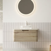 XAI 30" Bathroom Vanity with Sink, Floating Plywood Storage Cabinet with Drawer, Transparent Round Glass Basin and Roma Travertine-Pattern Sintered Stone Top, Pre-assembled, White Oak Woodgrain Color