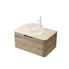 XAI 30" Bathroom Vanity with Sink, Floating Plywood Storage Cabinet with Drawer, Transparent Round Glass Basin and Roma Travertine-Pattern Sintered Stone Top, Pre-assembled, White Oak Woodgrain Color