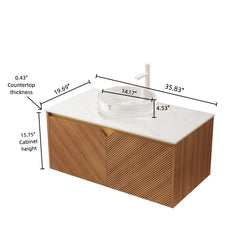 RUBEN 36" Bathroom Vanity&Sink, Floating Plywood Storage Cabinet, Twill Double Doors with Metal Trim, Transparent Round Glass Vessl Basin&Carrara White Sintered Stone Top, Brown Oak Woodgrain Color