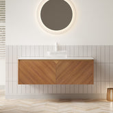 RUBEN 48" Bathroom Vanity&Sink, Floating Plywood Storage Cabinet, Twill Double Doors with Metal Trim, Transparent Round Glass Vessl Basin&Carrara White Sintered Stone Top, Brown Oak Woodgrain Color