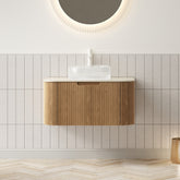 DINA 30" Bathroom Vanity&Sink, Floating Curved Edges Striped Storage Cabinet with Drawer, Transparent Round Glass Basin&Travertine-Pattern Sintered Stone Top, Pre-assembled, Natural Woodgrain Color