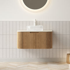 DINA 30" Bathroom Vanity&Sink, Floating Curved Edges Striped Storage Cabinet with Drawer, Transparent Round Glass Basin&Travertine-Pattern Sintered Stone Top, Pre-assembled, Natural Woodgrain Color