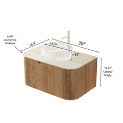 DINA 30" Bathroom Vanity&Sink, Floating Curved Edges Striped Storage Cabinet with Drawer, Transparent Round Glass Basin&Travertine-Pattern Sintered Stone Top, Pre-assembled, Natural Woodgrain Color