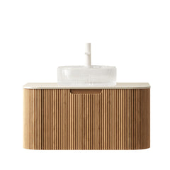 DINA 30" Bathroom Vanity&Sink, Floating Curved Edges Striped Storage Cabinet with Drawer, Transparent Round Glass Basin&Travertine-Pattern Sintered Stone Top, Pre-assembled, Natural Woodgrain Color