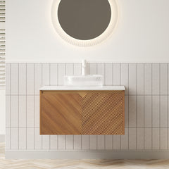 RUBEN 30" Bathroom Vanity&Sink, Floating Plywood Storage Cabinet, Twill Double Doors with Metal Trim, Transparent Round Glass Vessl Basin&Carrara White Sintered Stone Top, Brown Oak Woodgrain Color