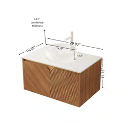 RUBEN 30" Bathroom Vanity&Sink, Floating Plywood Storage Cabinet, Twill Double Doors with Metal Trim, Transparent Round Glass Vessl Basin&Carrara White Sintered Stone Top, Brown Oak Woodgrain Color