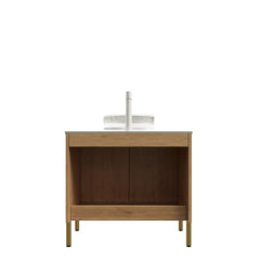TURIO 30" Bathroom Vanity&Sink, Freestanding Plywood Storage Cabinet with 2 Doors, Transparent Round Glass Basin with Stone Pattern&Roma Travertine Sintered Stone Counter Top, Woodgrain Color