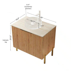 TURIO 30" Bathroom Vanity&Sink, Freestanding Plywood Storage Cabinet with 2 Doors, Transparent Round Glass Basin with Stone Pattern&Roma Travertine Sintered Stone Counter Top, Woodgrain Color