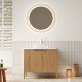 TURIO 30" Bathroom Vanity&Sink, Freestanding Plywood Storage Cabinet with 2 Doors, Transparent Round Glass Basin with Stone Pattern&Roma Travertine Sintered Stone Counter Top, Woodgrain Color