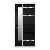 36 x 80 Textured Finished Fiberglass Door with Brickmould, Double-sided Frosted Glass Modern Style for Home's Front Door, 4-9/16 Vinyl Frame, Right Hand Inswing Black Knock-Down Door With Metal Strip
