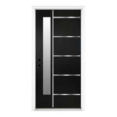 36 x 80 Textured Finished Fiberglass Door with Brickmould, Double-sided Frosted Glass Modern Style for Home's Front Door, 4-9/16 Vinyl Frame, Right Hand Inswing Black Knock-Down Door With Metal Strip