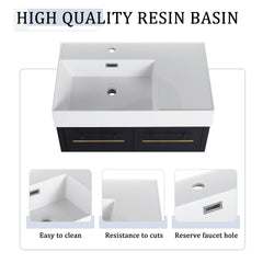 30 Inch Wall-Mounted Bathroom Vanity with Sink and Storage Rack, Thick Edged Resin Left Basin, KD-Package