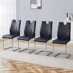 Black PU Dining Chair Set.Uniquely designed black dining chairs. PU material, paired with silver metal chair legs. Suitable for offices, restaurants, kitchens, conference rooms, etc.(Set of 4)