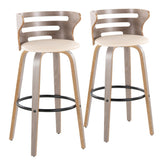 Cosini 30" Mid-Century Modern Fixed-Height Barstool with Swivel in Light Grey Wood and Cream Faux Leather with Round Black Metal Footrest by LumiSource - Set of 2