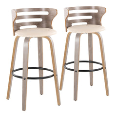 Cosini 30" Mid-Century Modern Fixed-Height Barstool with Swivel in Light Grey Wood and Cream Faux Leather with Round Black Metal Footrest by LumiSource - Set of 2