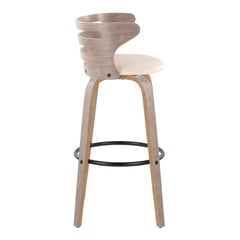 Cosini 30" Mid-Century Modern Fixed-Height Barstool with Swivel in Light Grey Wood and Cream Faux Leather with Round Black Metal Footrest by LumiSource - Set of 2