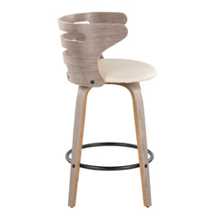 Cosini 26" Mid-Century Modern Fixed-Height Barstool with Swivel in Light Grey Wood and Cream Faux Leather with Round Black Metal Footrest by LumiSource - Set of 2
