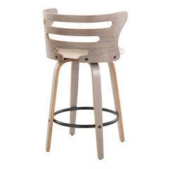 Cosini 26" Mid-Century Modern Fixed-Height Barstool with Swivel in Light Grey Wood and Cream Faux Leather with Round Black Metal Footrest by LumiSource - Set of 2