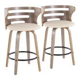Cosini 26" Mid-Century Modern Fixed-Height Barstool with Swivel in Light Grey Wood and Cream Faux Leather with Round Black Metal Footrest by LumiSource - Set of 2