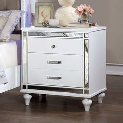 White Color 1pc Nightstand Beautiful Crocodile-Textured Bedside Table Mirror Trim Felt-lined Top Drawers Bedroom Furniture
