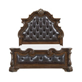 Formal Traditional Dark Brown Finish Luxury Queen Bed Tufted Headboard Intricate Carvings Gold Accent Detailing Bedroom Furniture 1pc