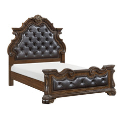 Formal Traditional Dark Brown Finish Luxury Queen Bed Tufted Headboard Intricate Carvings Gold Accent Detailing Bedroom Furniture 1pc