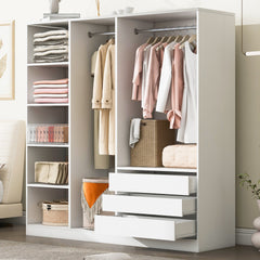Doorless Wooden Storage Wardrobe for Dedroom with Shelves and 3 Drawers, White