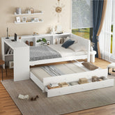 Twin Size Daybed with Trundle, Wood Day Bed Frame with Storage Drawers and Side Shelves, Daybed with Desk, No Spring Box Needed, White
