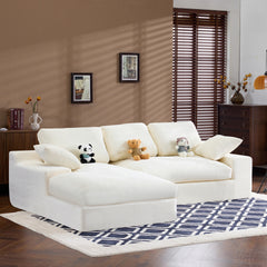 White corduroy compressed sofa. It has a soft and skin-friendly sitting feel, adding a healing atmosphere to the warm living room. It comes with 3 back cushions and 2 throw pillows.