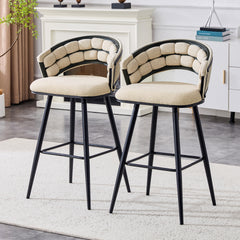 Set of 2 Beige Velvet Bar Stools with Black Iron Legs, Modern Kitchen Island Counter Height Stools