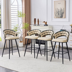 Set of 2 Beige Velvet Bar Stools with Black Iron Legs, Modern Kitchen Island Counter Height Stools