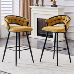 Set of 2 Yellow Velvet Bar Stools with Black Iron Legs, Modern Counter Height Stools for Home Bar