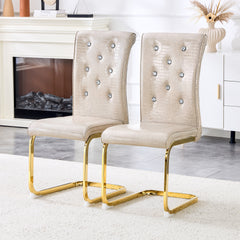 Set of 2,Retro alligator skin Upholstered dining chairs,with Crystal buckle design and Faux Leather design,a touch of elegance and mystery to the dining area,Gold plated metal bow leg
