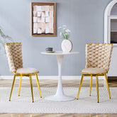 Set of 2 modern luxury velvet woven decorative dining chairs, equipped with gold metal legs and cushioned dining chairs with woven rope backrests, suitable for dining rooms, living rooms -