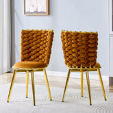Set of 2 modern luxury velvet woven decorative dining chairs, equipped with gold metal legs and cushioned dining chairs with woven rope backrests, suitable for dining rooms, living rooms -Orange