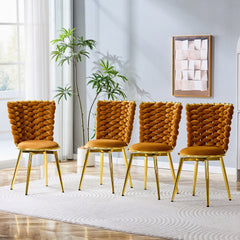 Set of 2 modern luxury velvet woven decorative dining chairs, equipped with gold metal legs and cushioned dining chairs with woven rope backrests, suitable for dining rooms, living rooms -Orange