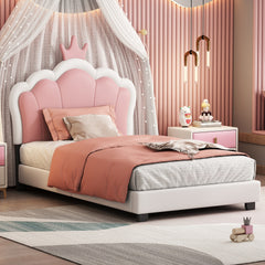 Twin size Upholstered Princess Bed With Crown Headboard,Twin Size Platform Bed with Headboard and Footboard, Cream+Pink(Old SKU:WF303336AAK)