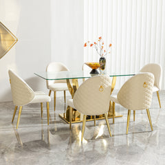 Luxury Glass Dining Table for 6 seat 68.9" Clear Glass Top with Gold Modern Curved Base, Contemporary Dining Room Table with Crystal Accent