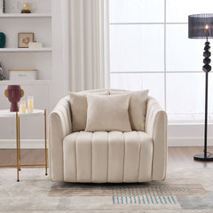 40.1"W Upholstered Oversized 360° Swivel Accent Barrel Chair and Half Cozy Sofa with 3 Pillows, Velvet Channel Tufted Pumpkin-Shape Club Armchair for Living Room, Bedroom, Office, Lounge,BEIGE