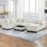 Sectional Sofa 111.8" U-shaped Sofa Chenille Upholstered Sofa Couch with Movable Storage Ottoman for Living Room, White