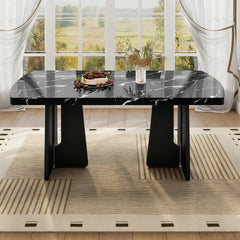 63" Modern Faux Marble Dining Table - Black/White Marble Top with Sturdy Geometric Legs, Stylish Kitchen & Dining Room Table for Home, Apartment, Office, Easy to Assemble, Black