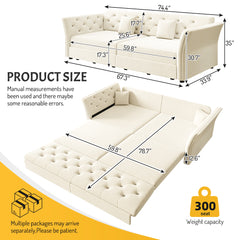 74.4" Queen Pull Out Sofa Bed, Convertible Sleeper Sofa with Handmade Fabric Flower Tufted Design,Multi-Functional Velvet Loveseat Bed for Living Room,Bedroom,Apartment,Beige/White