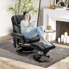 HOMCOM Massage Recliner Chair with Ottoman Footrest, 10 Vibration Points, 360° Swivel Reclining Chair, Faux Leather Living Room Chair with Side Pocket and Remote Control, Black
