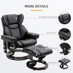 HOMCOM Massage Recliner Chair with Ottoman Footrest, 10 Vibration Points, 360° Swivel Reclining Chair, Faux Leather Living Room Chair with Side Pocket and Remote Control, Black